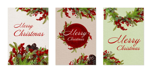 Christmas cards set with watercolor decorations