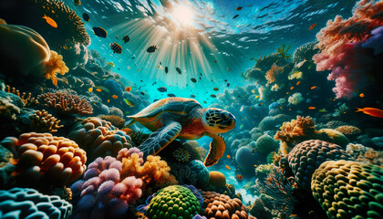 A turtle swims through tropical waters surrounded beautiful colorful coral reef filled with vibrant marine life. - obrazy, fototapety, plakaty