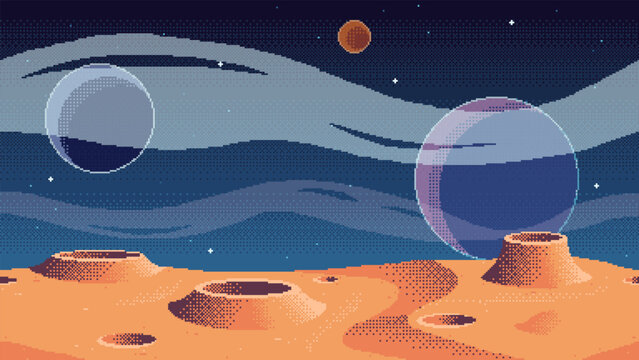 Pixel art planet surface background. Cosmic game location. Outer space seamless vector illustration.