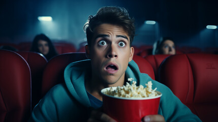 Young male watching a horror movie at the cinema with popcorn. leisure activity concept