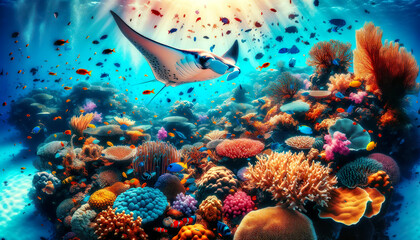 Fototapeta na wymiar A large manta ray swims over a beautiful colorful coral reef filled with vibrant marine life.