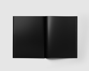 Opened Black Magazine, Book, Booklet, Brochure, Blank Cover Mockup Template, Realistic, 3d Rendered isolated on light background.