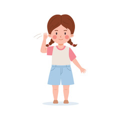 Girl shows hello deaf sign language international symbol, vector gesture for deafness children social conversation
