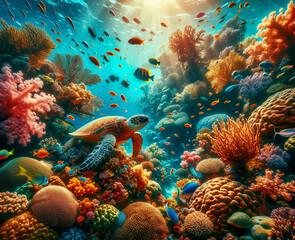 A turtle swims through tropical waters surrounded beautiful colorful coral reef filled with vibrant marine life.