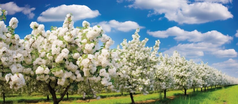 Apple trees in bloom in farm orchards in sunny Betuwe, Netherlands.