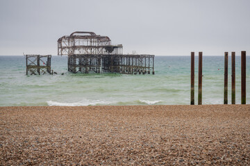 The remains of the destroyed West Pier in Brighton, East Sussex, England, UK