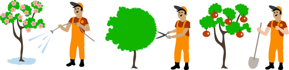 Professions. Collection of gardener illustrations. The gardener waters the tree. The gardener prunes the tree. Gardener with a shovel. .Illustration on a transparent background. Cartoon. Vector.