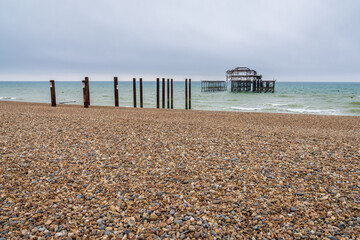 The remains of the destroyed West Pier in Brighton, East Sussex, England, UK