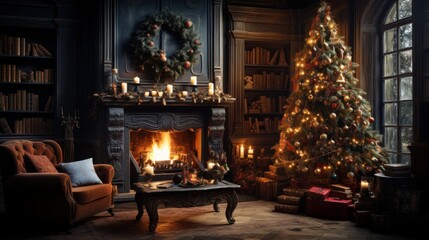 Fototapeta na wymiar Christmas interior of a large cozy house with a Christmas tree and a fireplace, AI