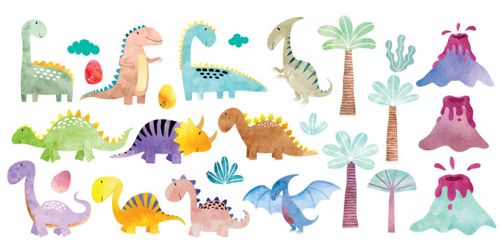 Watercolor colorful cute dinosaurs illustration. 