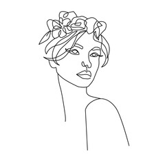 One Line Woman Head with Flowers Vector Drawing. Style Template with Female Face with Flowers. Modern Minimalist Simple Linear Style. Beauty Fashion Design