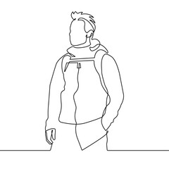 Traveler Minimalist One Line Drawing. Man Tourist Line Art Trendy Illustration. Sport or Travel Lifestyle Modern Minimalist Drawing. Mountaineer One Line Illustration. Vector EPS 10