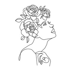 Elegant Line Art Woman Silhouette with Flowers and Leaves. One Line Hand Dawn Vector Botanical Illustration. Minimal Line Drawing Female Face with Flowers.