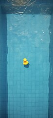 AI generated illustration of a yellow rubber duck floating in a sparkling blue swimming pool