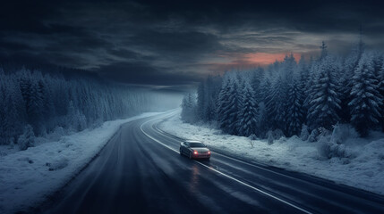 Snowy winter landscape with a car on the road.
Car on the road in the winter forest at sunset. Car travel concept.
Aerial view of winter forest and road at sunset. Beautiful winter landscape. travel - obrazy, fototapety, plakaty