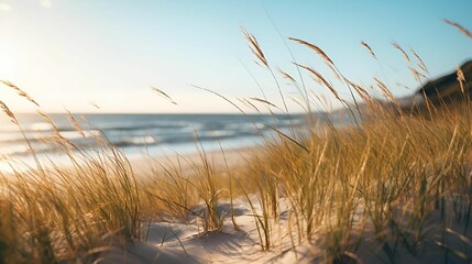 AI generated illustration of a serene sandy beach with tall, golden dune grass