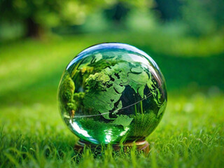 Obraz na płótnie Canvas A glass globe on a greenry grass background