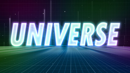 The hologram universe letters rotate slowly in a VR world (virtual reality). A colorful world. Demonstrates depth 3D rendering