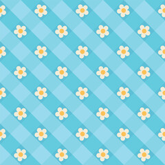 Gingham diagonal check pattern in blue color with daisies for tablecloth, gift paper, napkin, blanket. Seamless repeat check vector for modern spring summer fashion textile print.