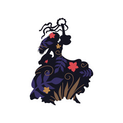 Black silhouette with colorful ornaments, plants and flowers flat style