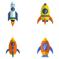 Fototapeta na wymiar Spaceship Rocket Icon In Various Shapes. Trendy Cartoon Design Style. Isolated Vector Set.