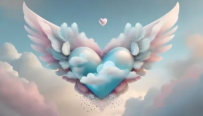 Fotobehang Pink and blue heart with wings, decorated with feathers and sparkles on clouds background for St Valentine's Day and lovers © evrimfunda