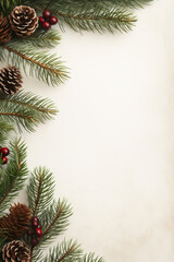 Fototapeta na wymiar Christmas background with fir branches, pine cones and berries on white paper