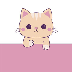 Cat hanging on paper. Funny Kawaii pet animal. Paw print on the table. Red kitten with holding hands. Line contour doodle silhouette. Cute cartoon baby character. Flat design. Pink background.