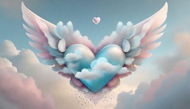 Pink and blue heart with wings, decorated with feathers and sparkles on clouds background for St Valentine's Day and lovers