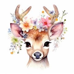 deer with flowers isolated on white background