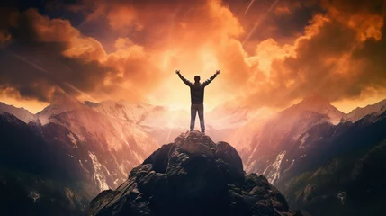 Foto op Aluminium Man standing on top of mountain with raised hands. Success concept. man rise arm with sunrise © Nadezhda