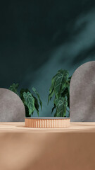 blank space concrete and brown color podium in portrait green plant and wall, 3d render image

