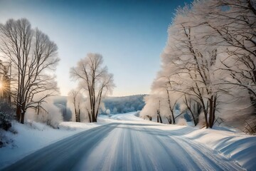 Obraz premium User Winter rural road and trees in snow
