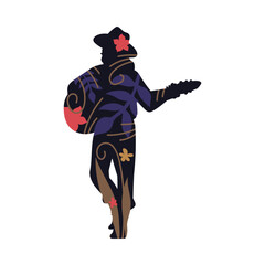 Silhouette of Gypsy or Romani guitar player flat vector illustration isolated.