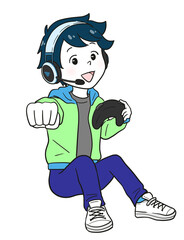 ゲーム実況する男の子（全身）肌色白