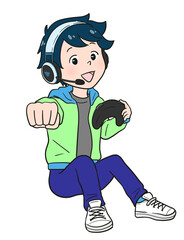 ゲーム実況する男の子（全身）カラー
