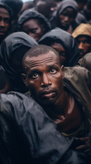 A close-up portrait of a refugee man amidst a crowd, seeking for help. sad expression. Hopeless circumstance