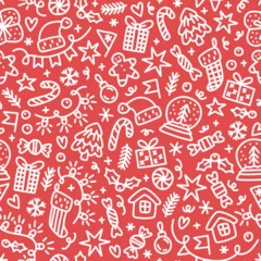 Foto op Aluminium Christmas seamless doodle pattern on red background. Cute New Year texture with white hand-drawn winter elements for wrapping paper or textile.  © Katerina Koniukhova