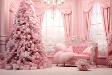 Elegant pink Christmas tree in luxury interior design. Festive decoration and elegance.