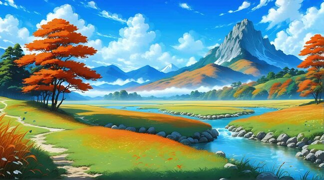 Beautiful Footage nature landscape autumn with river, mountain blue sky and tree. Video animation anime style scene background for film