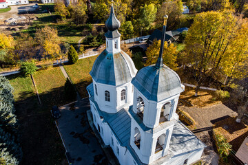 Aerial view of the white building of the 18th century Boris and Gleb Orthodox Church on the...
