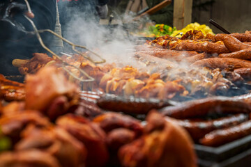 Krakow Christmas Market with fresh grilled food 