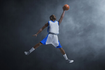 3d illustration professional basketball player slam dunk on dark background