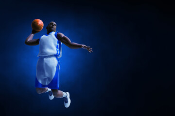 3d illustration professional basketball player slam dunk on dark background