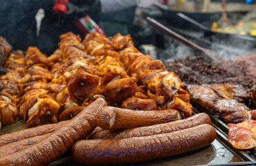 Krakow Christmas Market with fresh grilled food 
