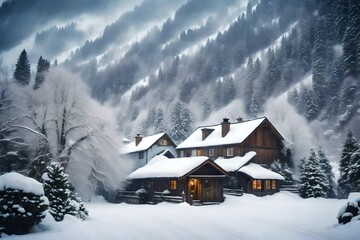Winter fairytale, heavy snowfall covered the trees and houses in the mountain village