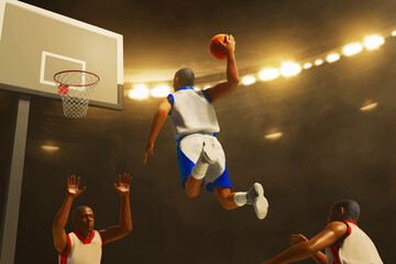 3d illustration two team of professional basketball player slam dunk in sport arena - 687827717