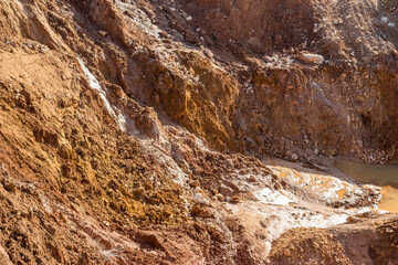 Viscous clay with sand after getting wet, mud flowing down the slope