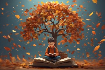 Boy reading in autumn under the tree