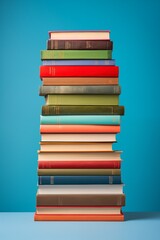 Ein hoher Stapel bunter Bücher vor blauem Hintergrund im Hochformat. Welttag des Buches. World Book Day